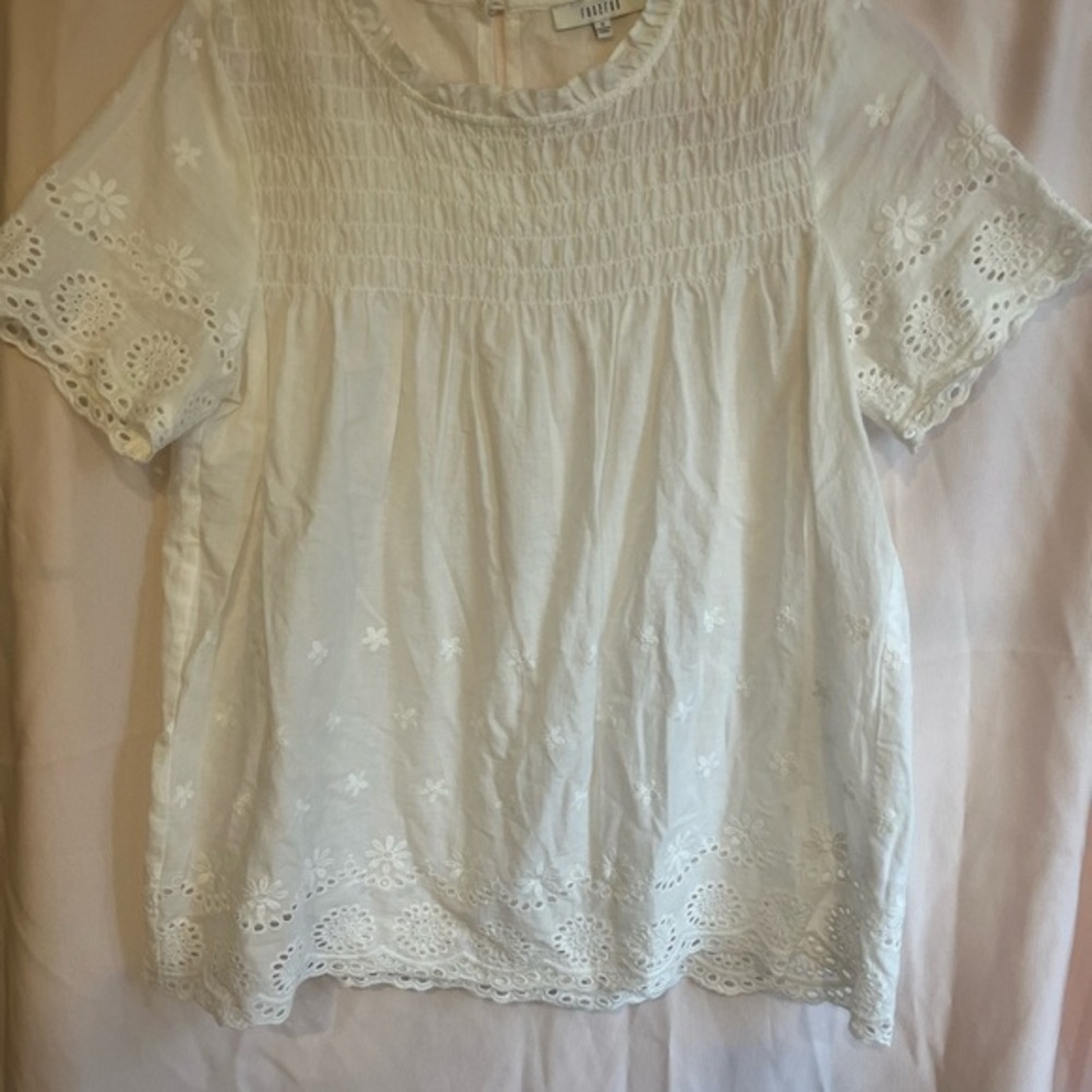Cream Smocked Short Sleeve Blouse with Bib Collar